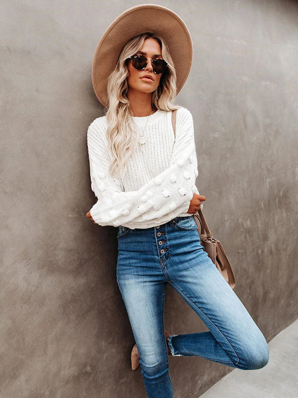 xakxx Trendy Tops Puff Sleeves Loose Solid Color Round-Neck Sweater Tops