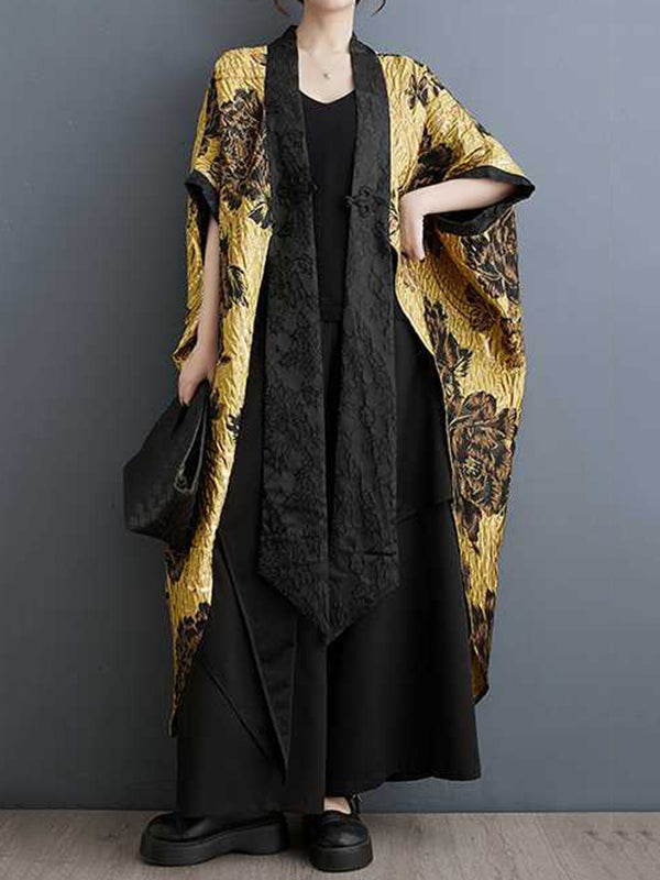 xakxx Batwing Sleeves Loose Flower-Embellished Chinese Frog Buttons Pleated Split-Joint V-Neck Outerwear