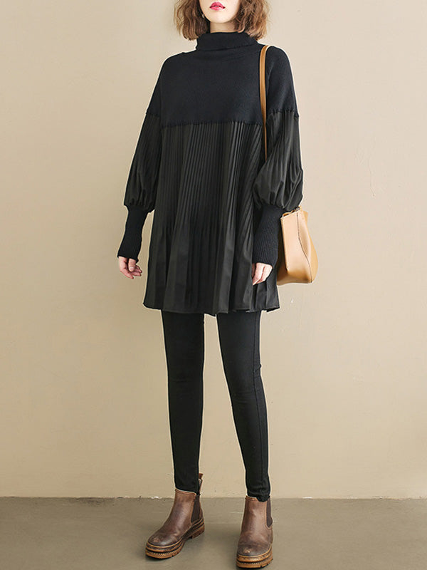 xakxx Knitting Pleats Split-Joint High-Neck Pullover Top
