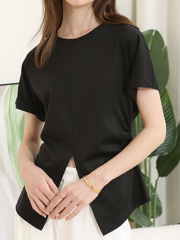 xakxx Batwing Sleeves Loose Pleated Solid Color Split-Front Split-Joint Round-Neck T-Shirts