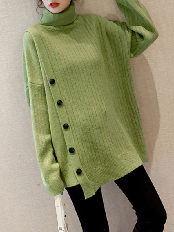 xakxx High-Low Long Sleeves Asymmetric Buttoned High-Neck Knitwear Pullovers Sweater Tops