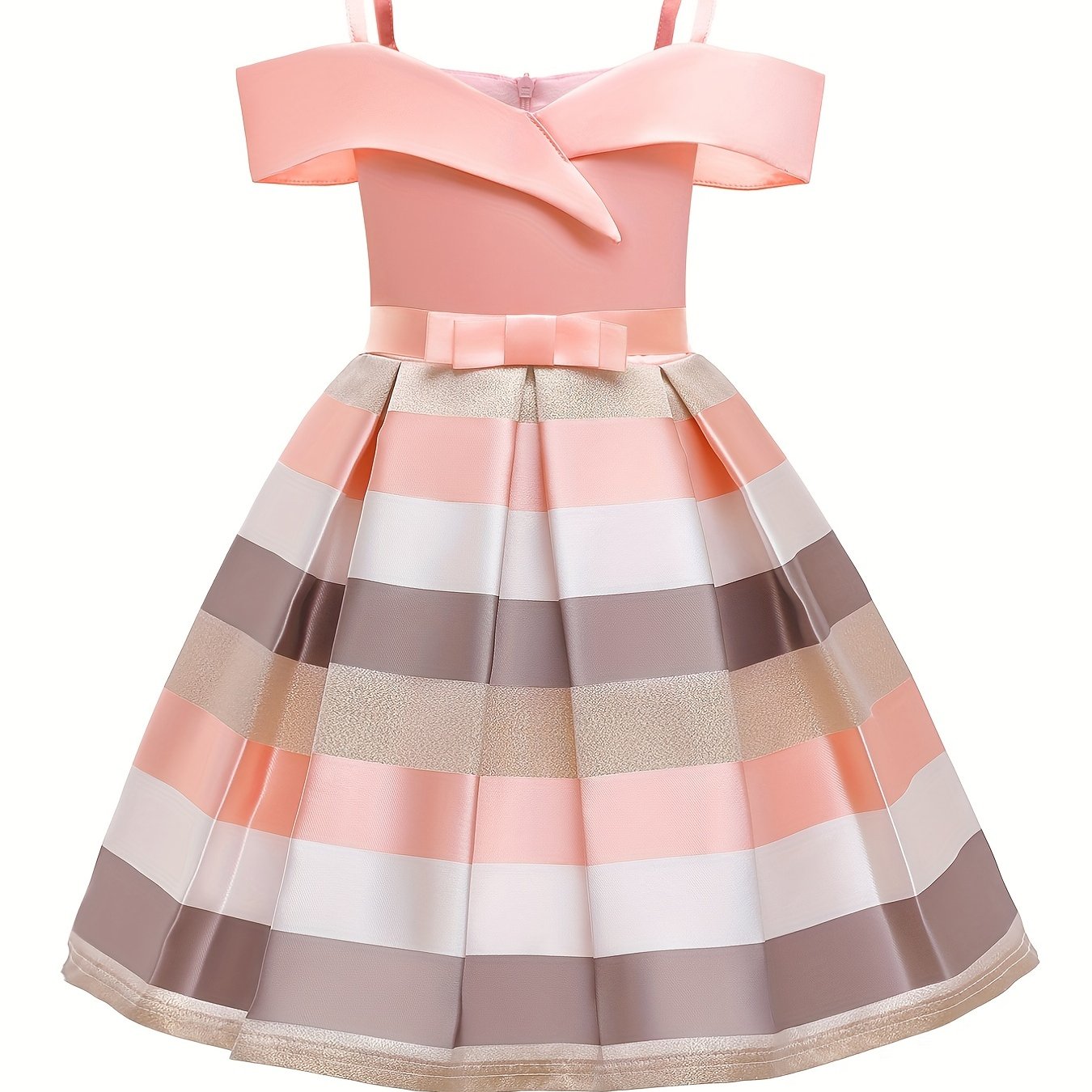 Knee-High Off-the-Shoulder Color Block Pleated Princess Dress for Girls - Sleeveless, Flared Hem, Cotton Lined, Non-Stretch Polyester Fabric, Hand Wash Only - Perfect for Piano Performance, Wedding, Birthday Party, and Evening Occasions