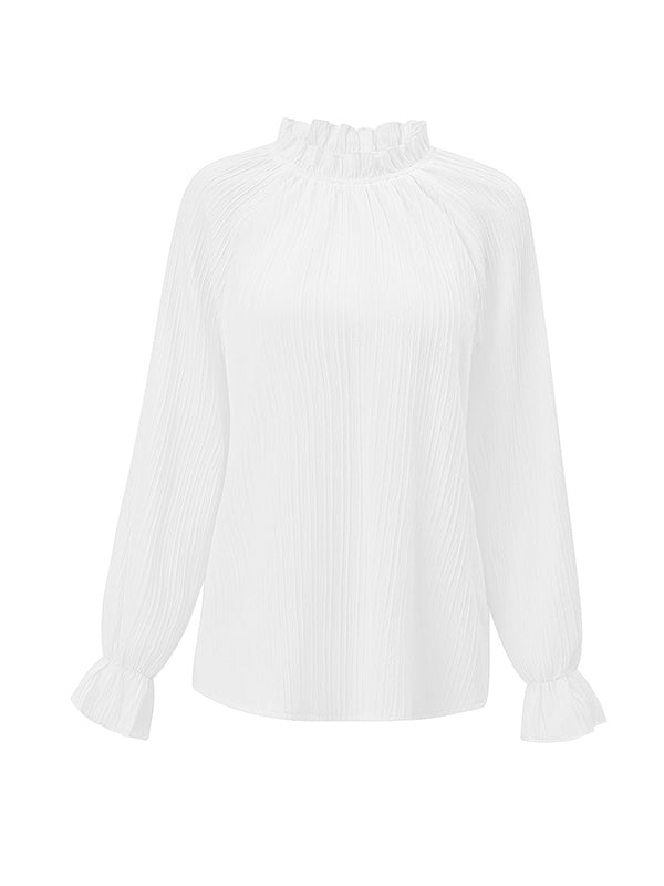 xakxx Long Sleeves Ruffle Sleeves Elasticity Ruffled Solid Color Mock Neck T-Shirts Tops