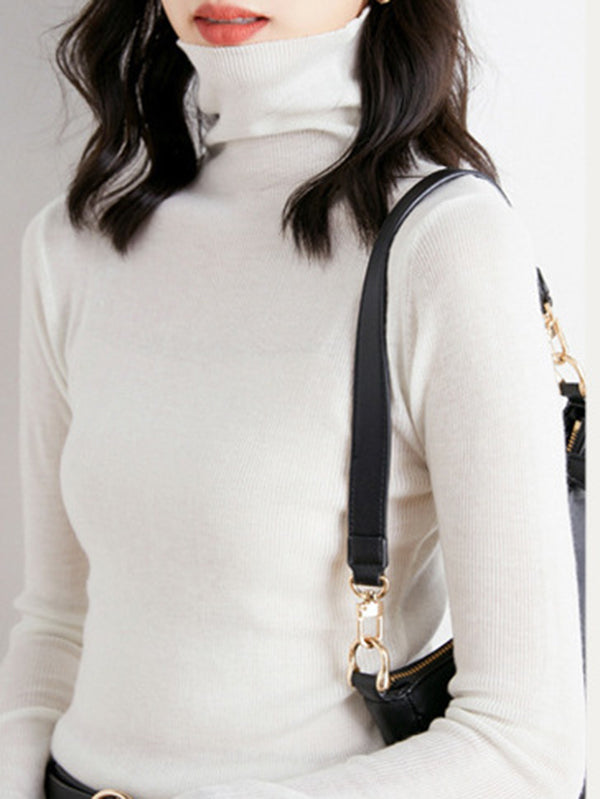 xakxx Simple Skinny Long Sleeves Solid Color High-Neck Sweater Tops Pullovers