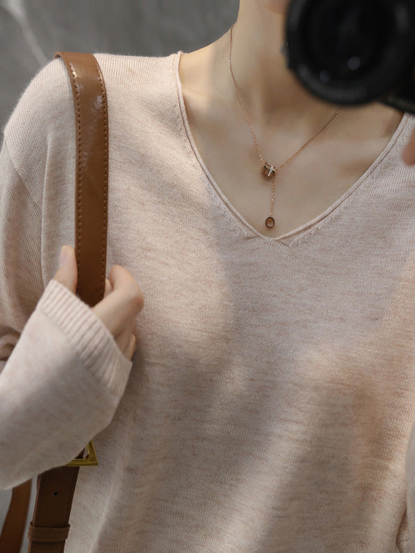 xakxx Simple Solid Color V-Neck Long Sleeve Knitwear Tops