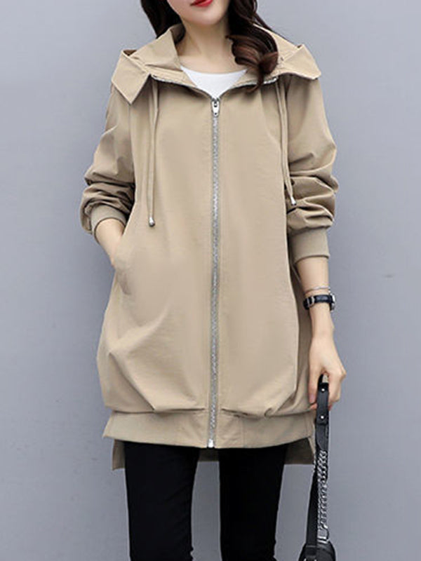 xakxx Casual Loose 4 Colors Pleated Zipper Hooded Long Sleeves Outwear
