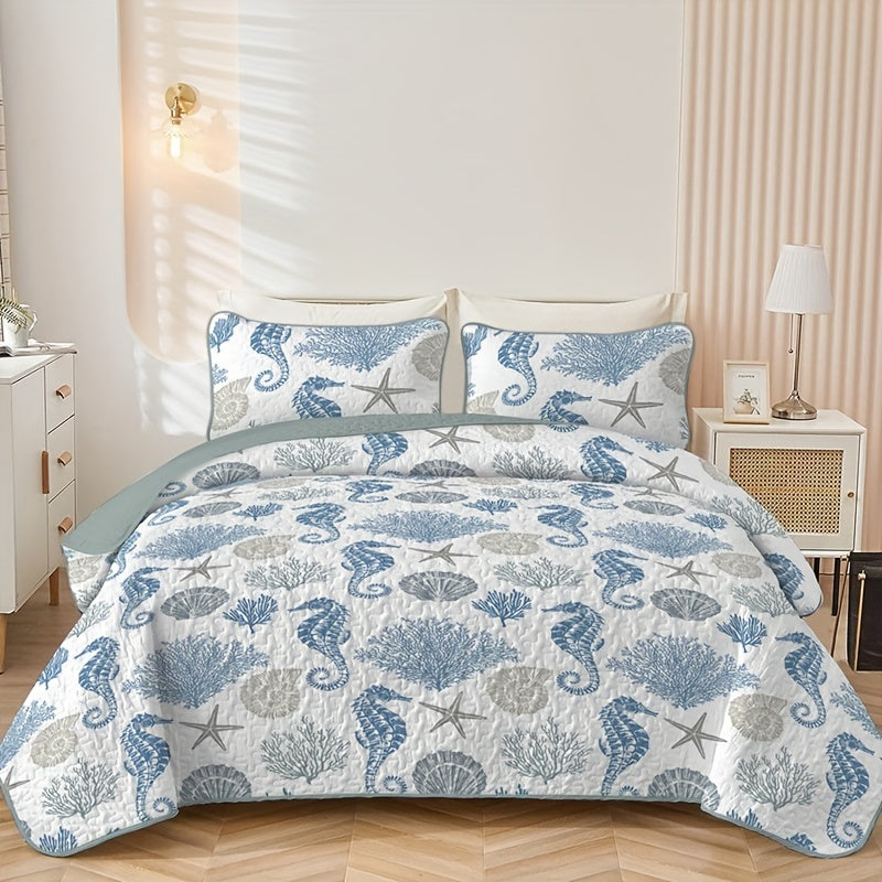 3pcs Vibrant Seahorse & Sea Star Bedspread Set - Soft, Light, Beach-Inspired Family Bedroom Decor - No Filling, Easy Care, Hypoallergenic, All-Season Comfort