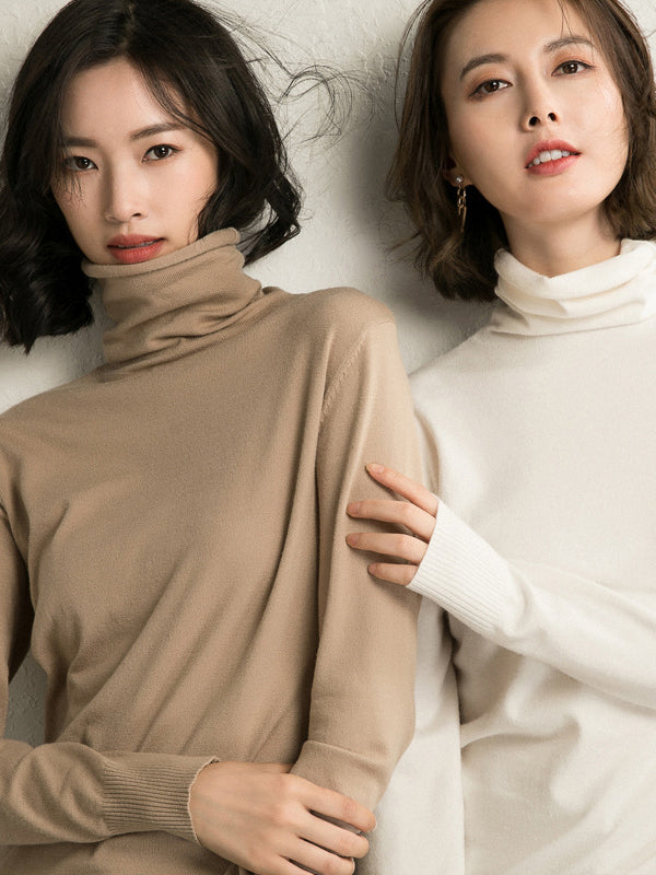 xakxx Simple Loose Long Sleeves Solid Color High-Neck Sweater Tops