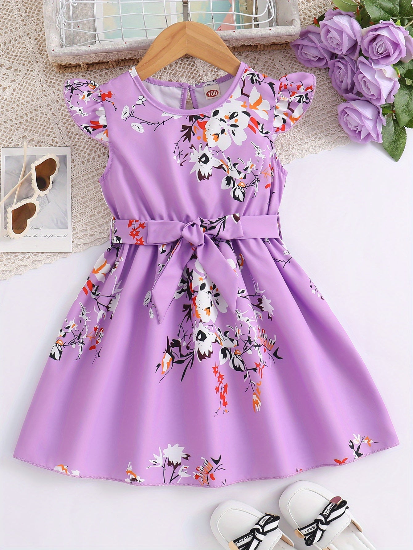 Girls Charming Floral Midi Dress - Fashionable Flying Sleeve & Sleeveless Combo, Lightweight & Comfortable for Sweet Summer Days, Adorable Daily Wear Dress with Bold Pattern