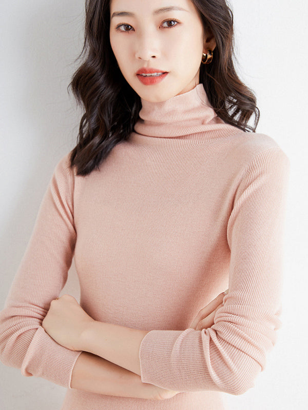 xakxx Simple Skinny Long Sleeves Solid Color High-Neck Sweater Tops Pullovers