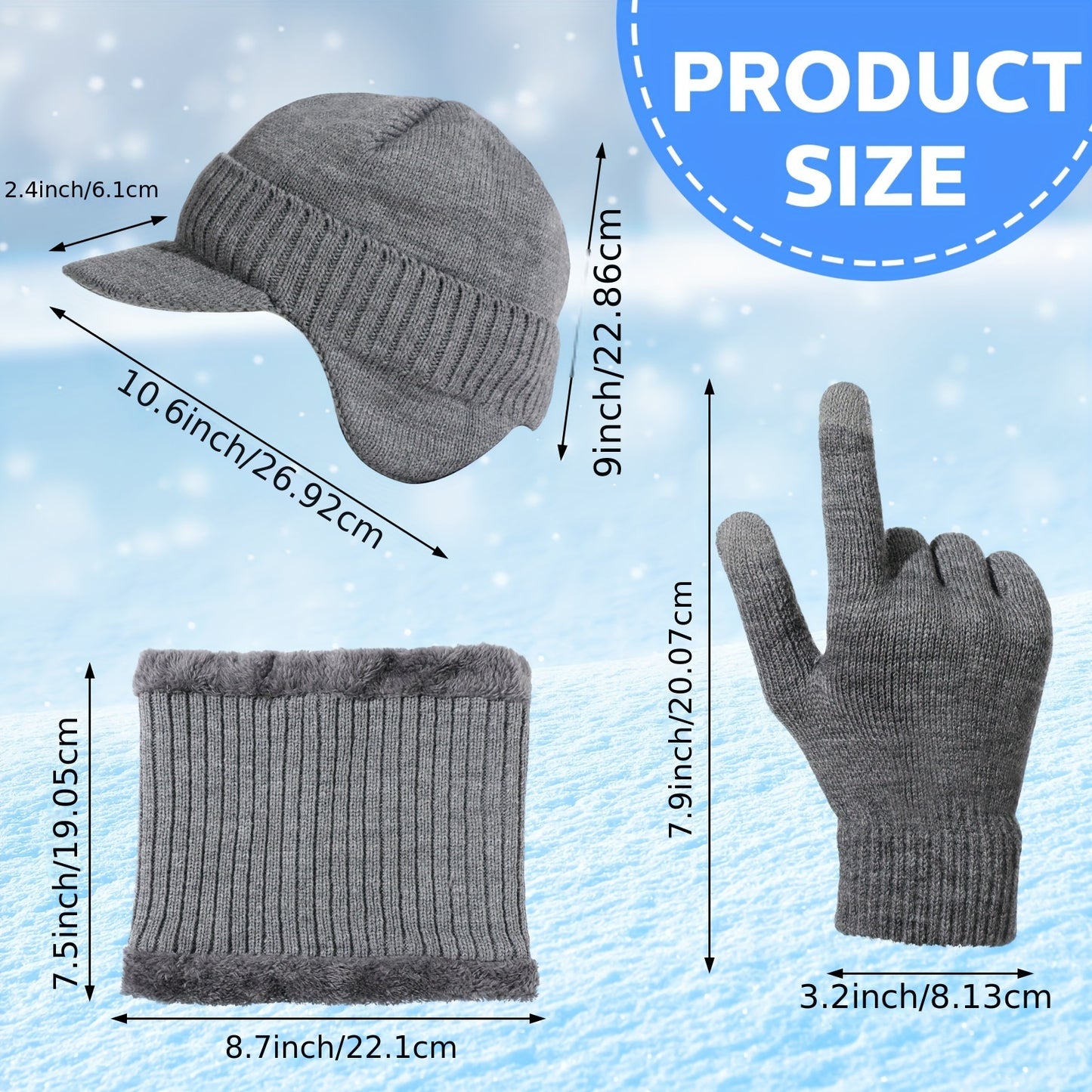 3 Pcs Winter Hat Scarf Glove Set Visor Beanie Hat With Earflaps Neck Warmer And Touch Screen Gloves For Men Women
