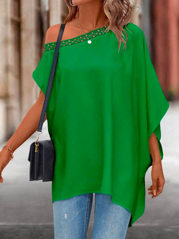 xakxx Batwing Sleeves Asymmetric Hollow Solid Color One-Shoulder Blouses&Shirts Tops