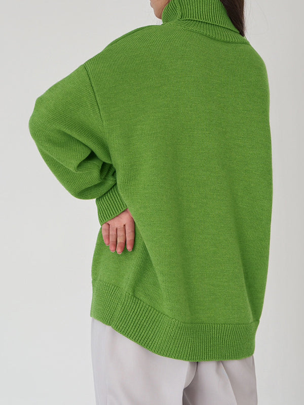 xakxx Long Sleeves Loose Solid Color High Neck Knitwear Pullovers Sweater Tops