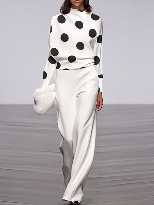 xakxx Long Sleeves Loose Polka Dot Stand Collar T-Shirts