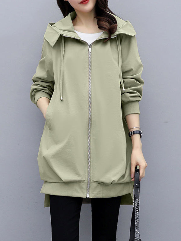 xakxx Casual Loose 4 Colors Pleated Zipper Hooded Long Sleeves Outwear