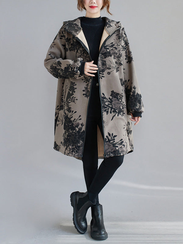 xakxx Artistic Retro Loose Floral Printed Hooded Long Sleeves Outwear