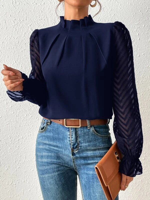 xakxx Long Sleeves Loose Elasticity Mesh Pleated Solid Color Mock Neck Blouses&Shirts Tops
