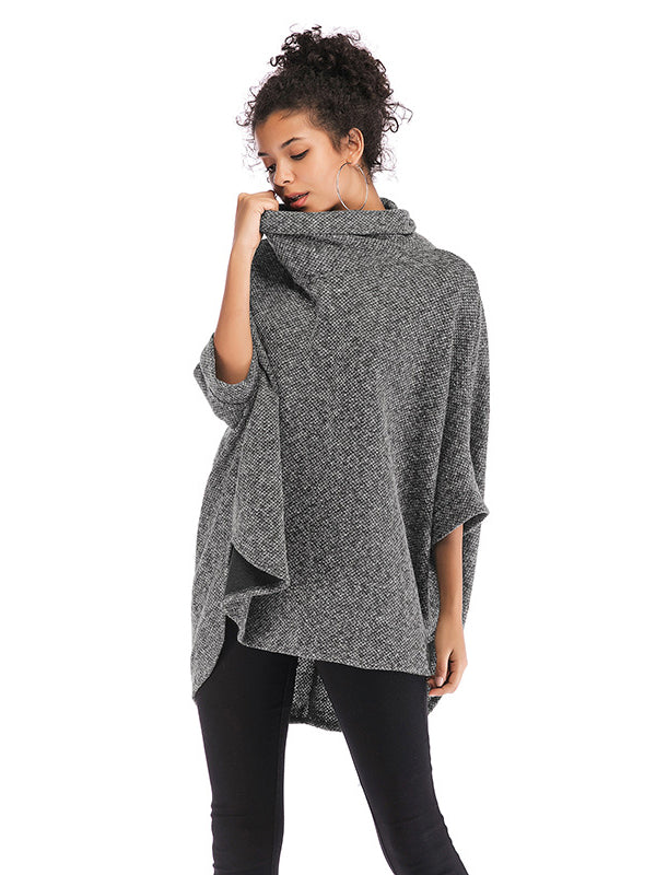 xakxx Casual Loose Half Sleeves Solid Color High-Neck Sweater Tops