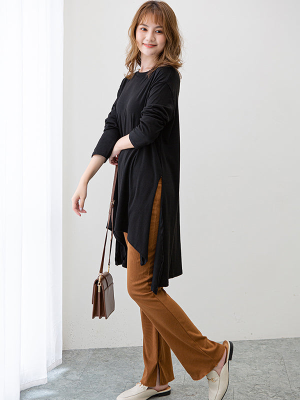 xakxx Casual High-Low Long Sleeves Solid Color Round-Neck T-Shirts Tops