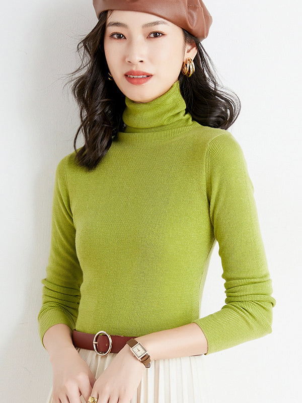 xakxx Simple Skinny Long Sleeves Solid Color High-Neck Sweater Tops Pullovers