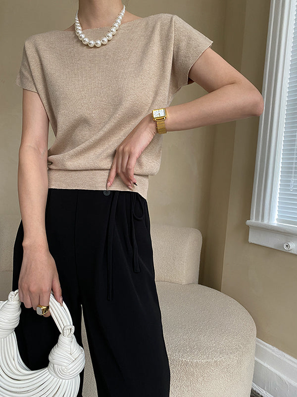 xakxx Stylish Loose Solid Color Boat Neck Knitwear Pullovers Tops