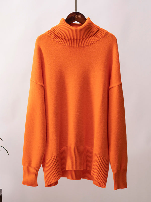 xakxx Long Sleeves Loose Solid Color High Neck Knitwear Pullovers Sweater Tops