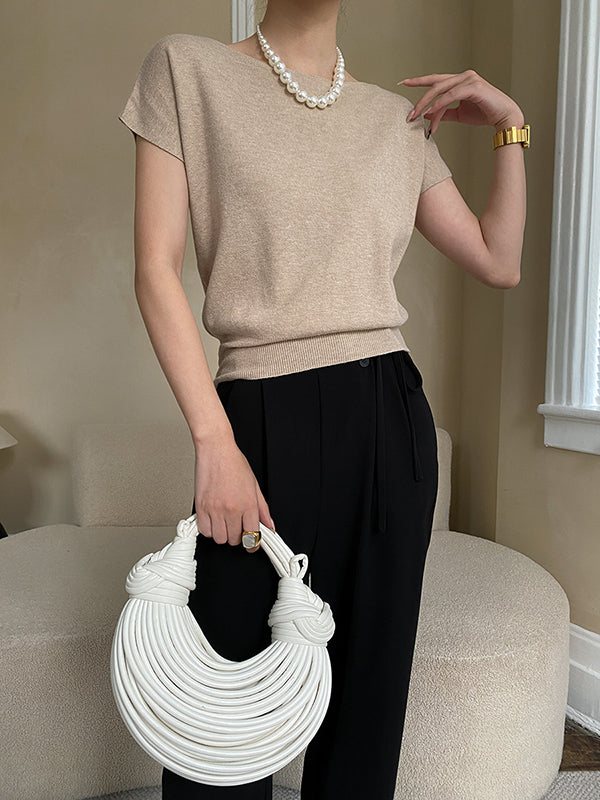 xakxx Stylish Loose Solid Color Boat Neck Knitwear Pullovers Tops