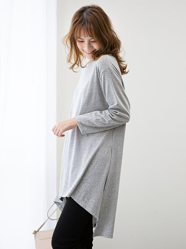 xakxx Casual High-Low Long Sleeves Solid Color Round-Neck T-Shirts Tops