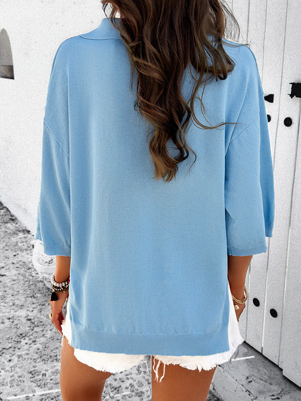 xakxx Loose Three-Quarter Sleeves Solid Color Split-Joint Lapel T-Shirts