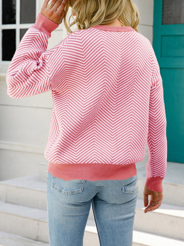 xakxx Long Sleeves Loose Striped Round-Neck Knitwear Pullovers Sweater Tops