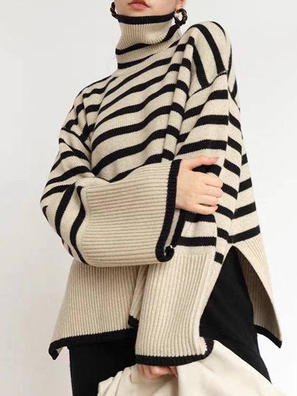 xakxx Long Sleeves Loose Contrast Color Split-Joint Split-Side Striped High Neck Sweater Tops