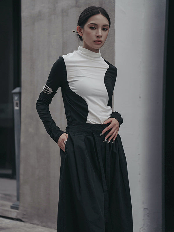 xakxx Urban Skinny Long Sleeves Contrast Color Asymmetric Split-Joint High-Neck T-Shirts Tops