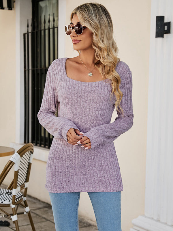 xakxx Casual Long Sleeves Skinny Solid Color Square-Neck Sweater Tops