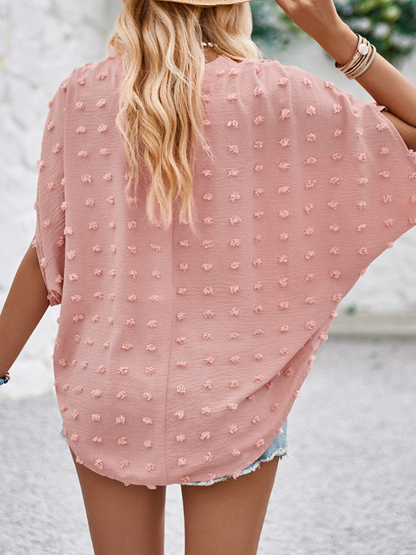 xakxx Half Sleeves Loose Jacquard Solid Color V-Neck T-Shirts Tops