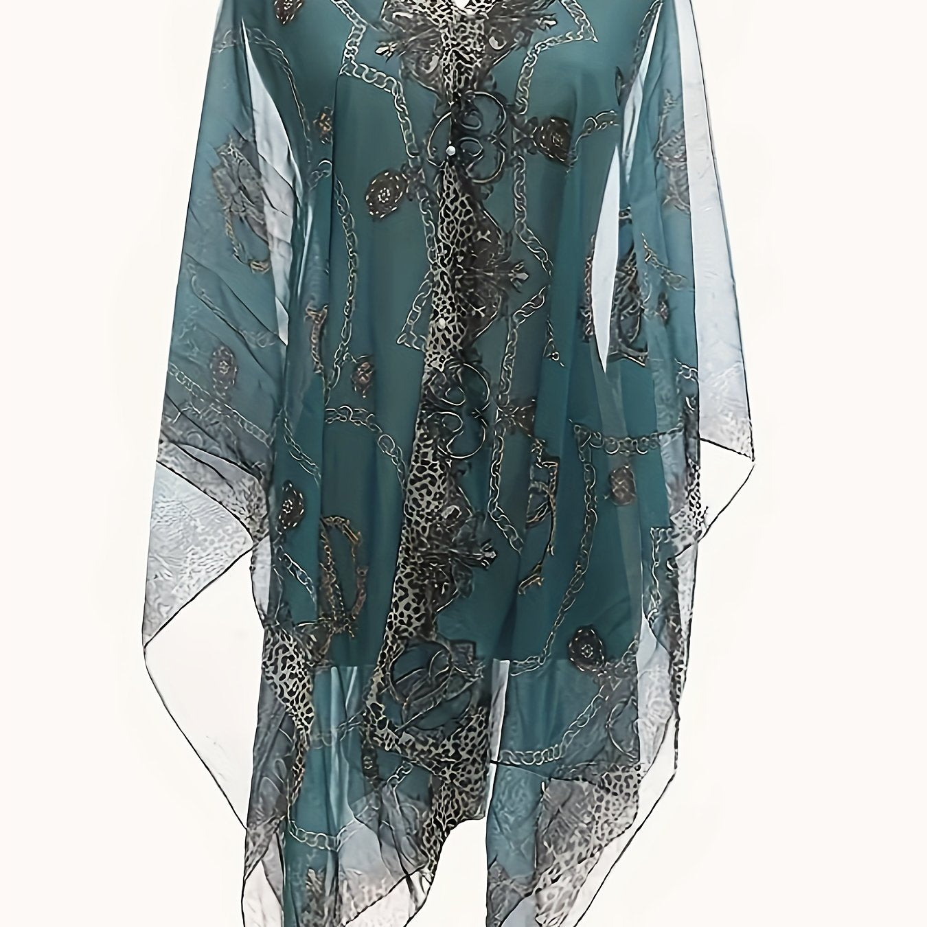 Plus Size Elegant V Neck Shawl Top - Long Sleeve, Semi-Sheer, Positioning Printed, Middle East Style, Woven Polyester Blouse for Spring, Summer, and Fall - Chic Womens Clothing for Curvy Figures