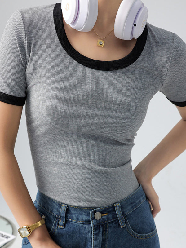 xakxx Short Sleeves Skinny Contrast Color Round-Neck T-Shirts