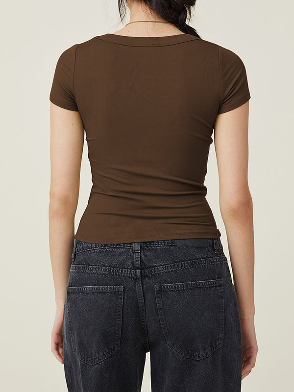 xakxx Short Sleeves Skinny Solid Color Square-Neck T-Shirts Tops