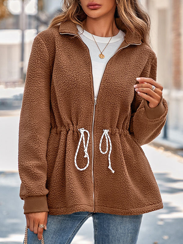 xakxx Long Sleeves Loose Drawstring Solid Color Velvet Zipper Stand Collar Outerwear