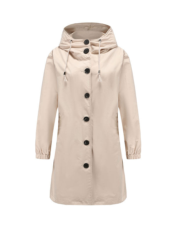 xakxx Long Sleeves Loose Buttoned Drawstring Elasticity Hooded Pockets Split-Back Waterproof High-Neck Trench Coats