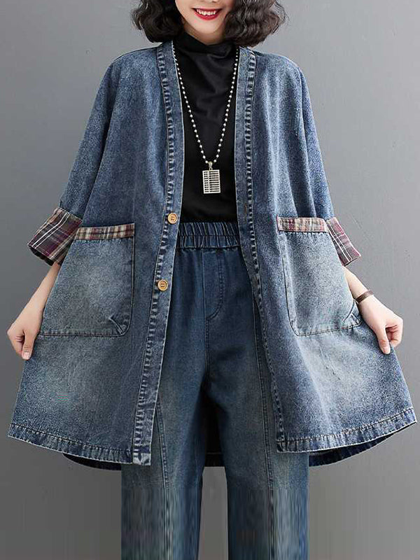 xakxx Long Sleeves Loose Buttoned Plaid Pockets Split-Joint V-Neck Denim Outerwear