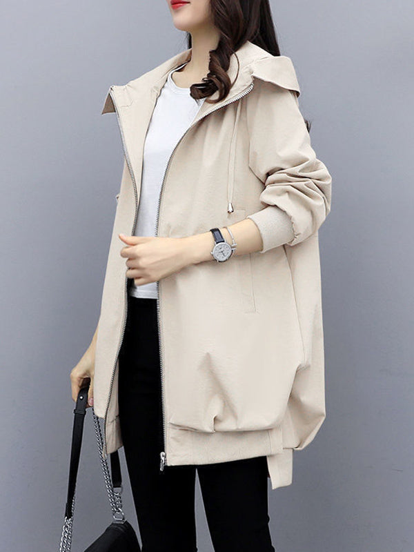 xakxx Casual Loose 4 Colors Pleated Zipper Hooded Long Sleeves Outwear