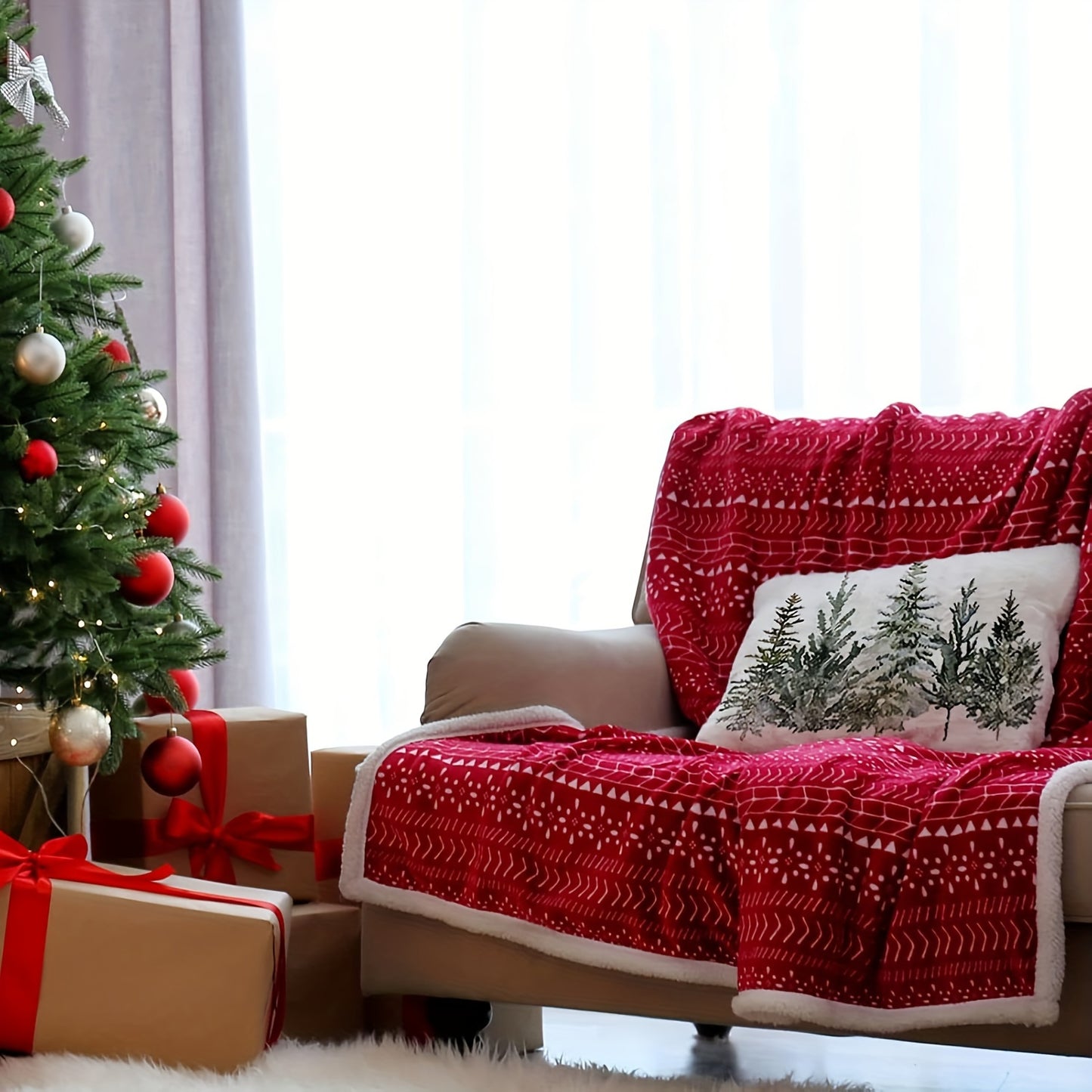 1pc Linen Christmas Winter Trees Lumbar Throw Pillow Cover - Vibrant Xmas Winter Holiday Party Decoration for Sofa Couch, Single Side, No Pillow Core, 12 x 20 Inch