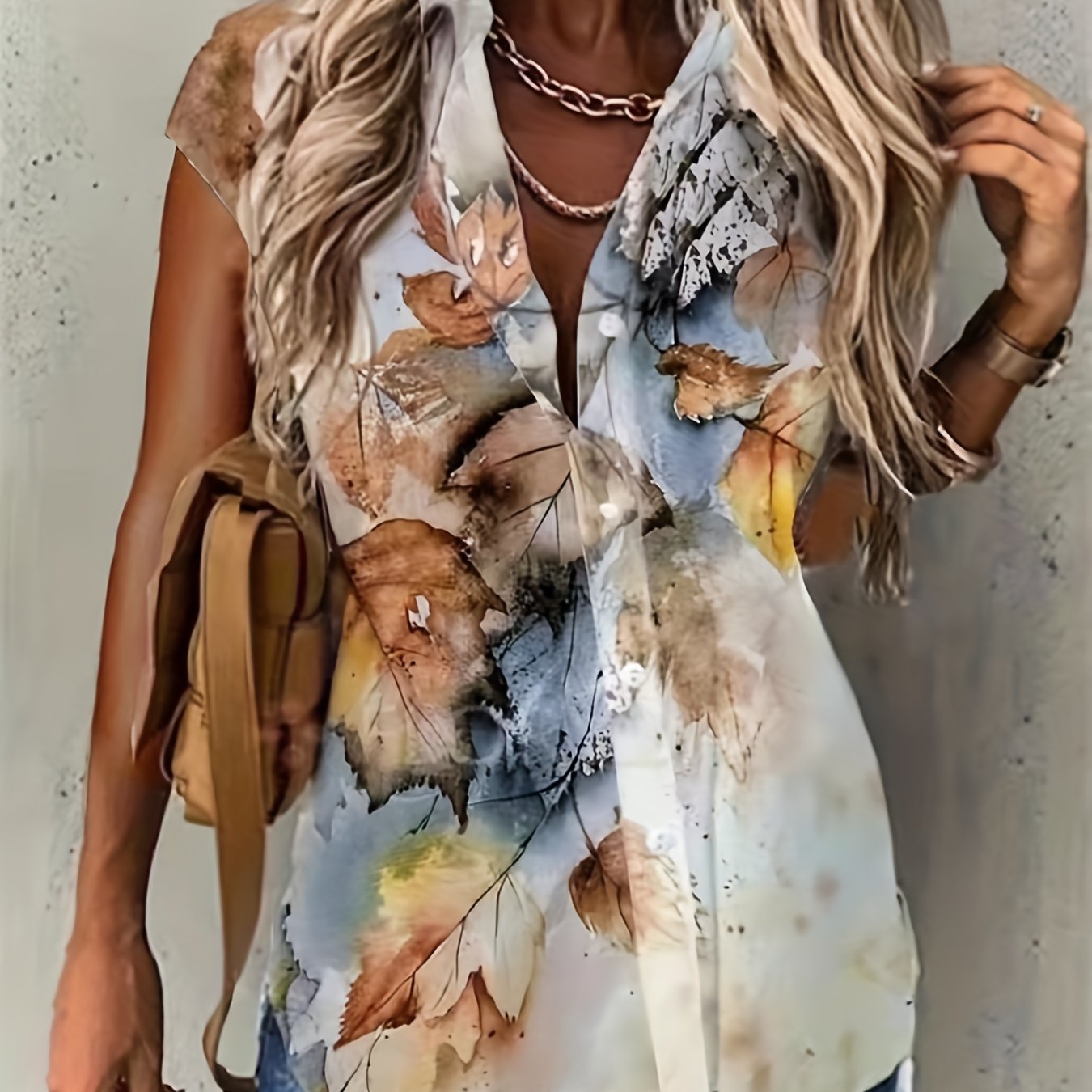 Plus Size Casual Blouse, Women's Plus Leaf Print Cap Sleeve Turn Down Collar Blouse