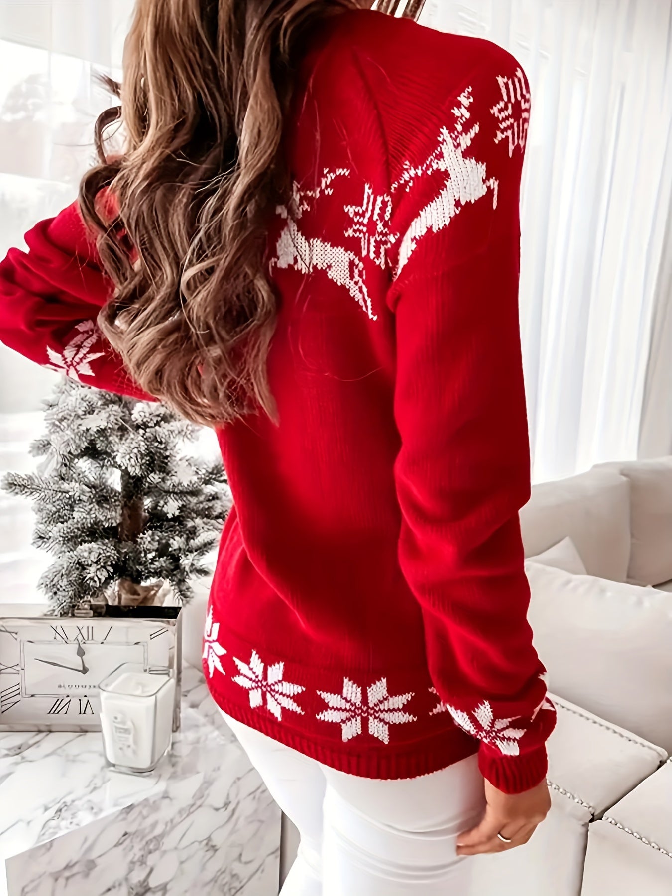 Elegant Plus Size Christmas Sweater for Women - Cozy Acrylic Knit, Long Sleeve, Crew Neck Pullover with Festive Reindeer Design
