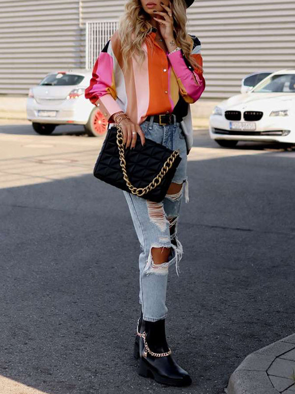 xakxx Stylish Selection Long Sleeves Loose Contrast Color Lapel Collar Blouses&Shirts Tops