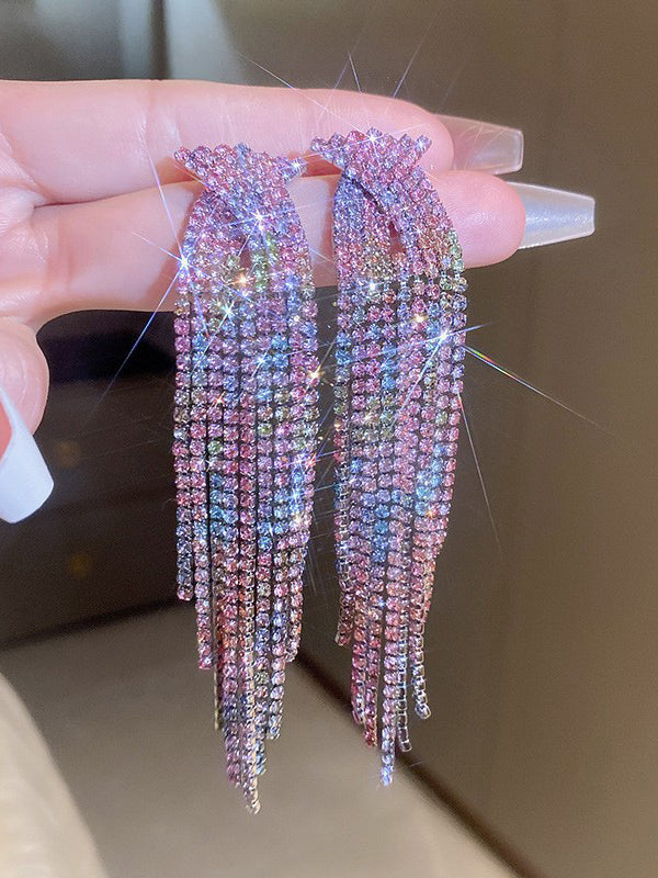 xakxx Gradient Hollow Rhine Stones Tasseled Drop Earrings