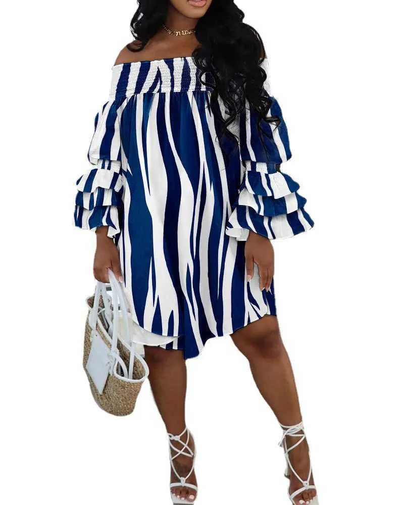 New Women Sexy dress Fashionable Off the Shoulder Print Long Sleeve Loose lady casual Dress Plus size