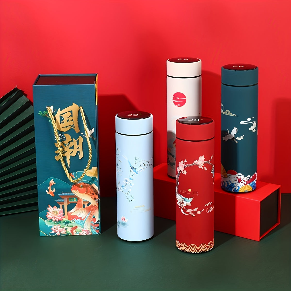 1pc, Chinese Style Vacuum Flask With Temperature Display, Insulated Water Bottles, Travel Thermal Cups, For Hot And Cold Beverages, Summer Winter Drinkware, Gifts