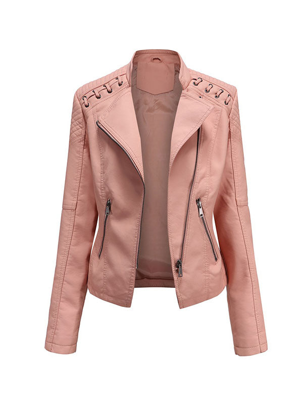 xakxx Long Sleeves Split-Joint Zipper Mock Neck PU Jackets Outerwear