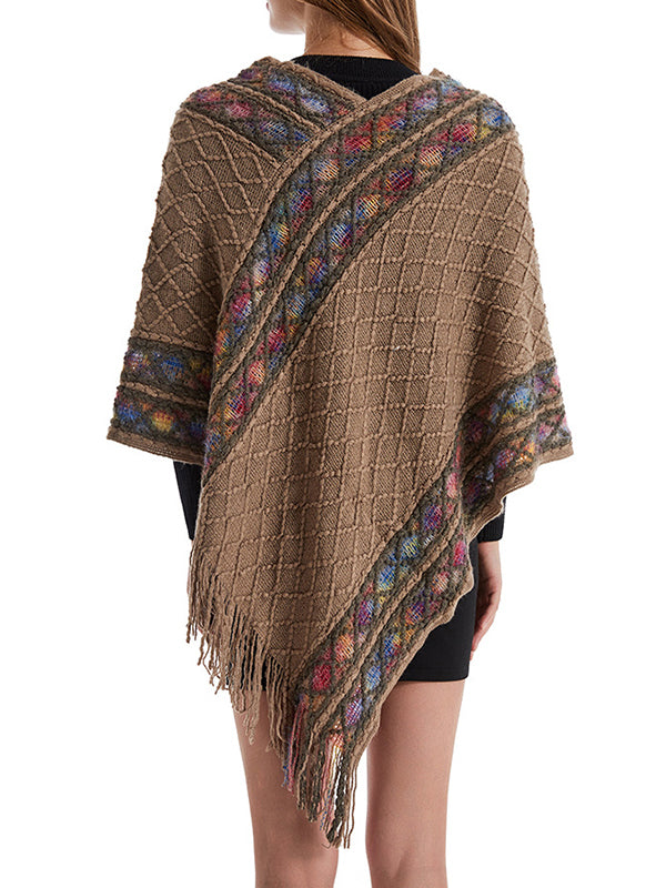 xakxx Loose Asymmetric Tasseled V-Neck Cape Shawl&Cloak
